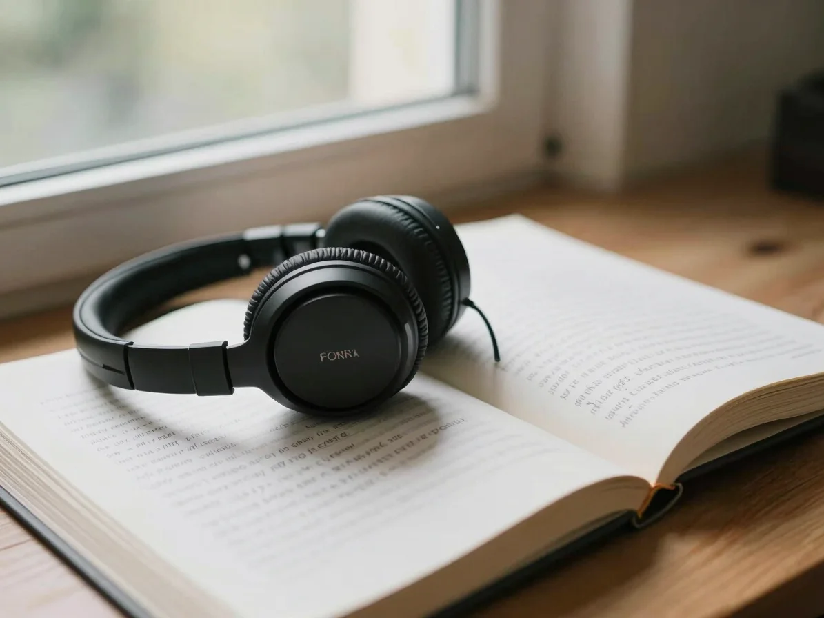 Close view of a pair of headphones resting on an open book beside