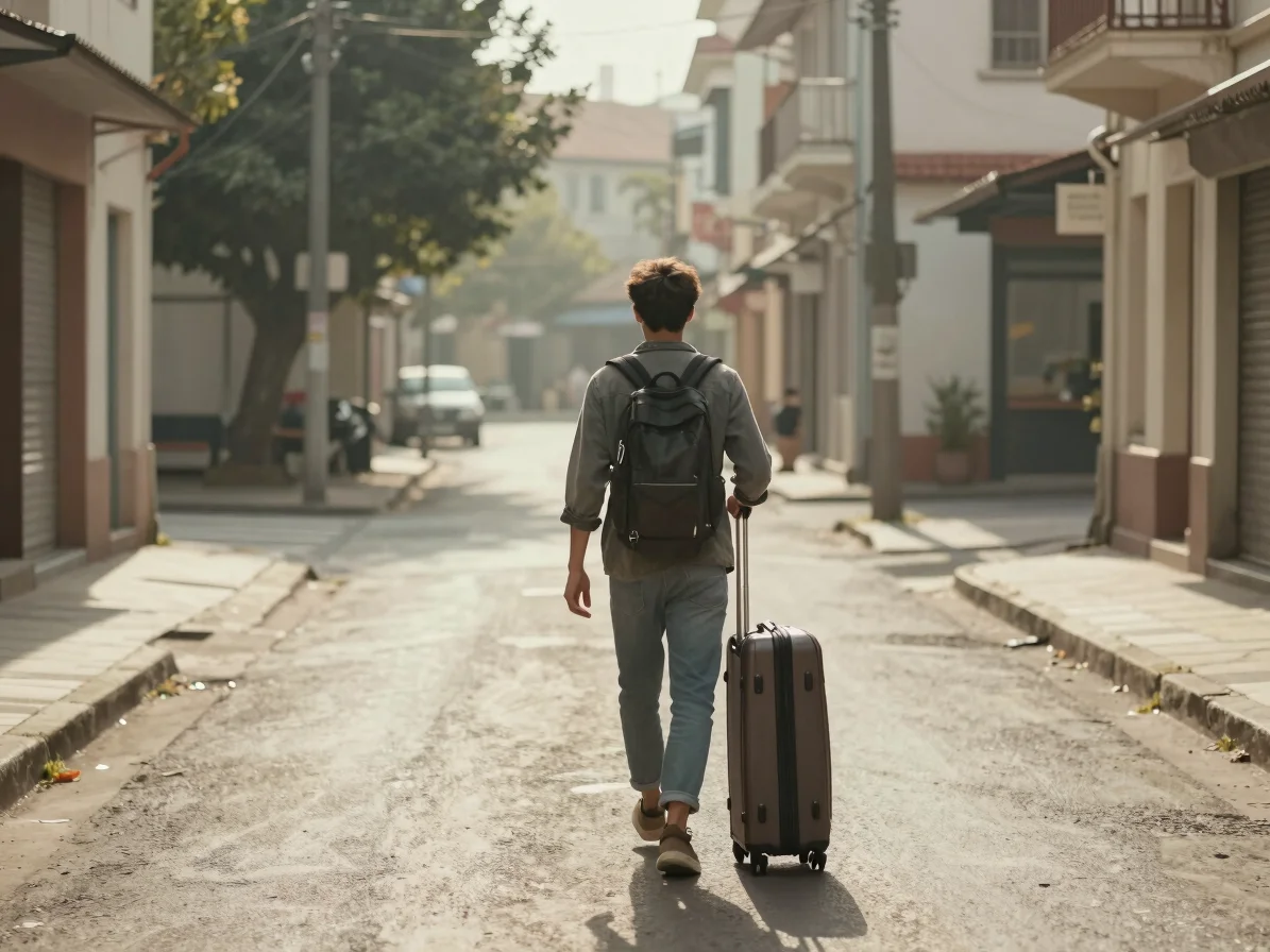 Candid scene of a traveller with a small suitcase on a quiet stre