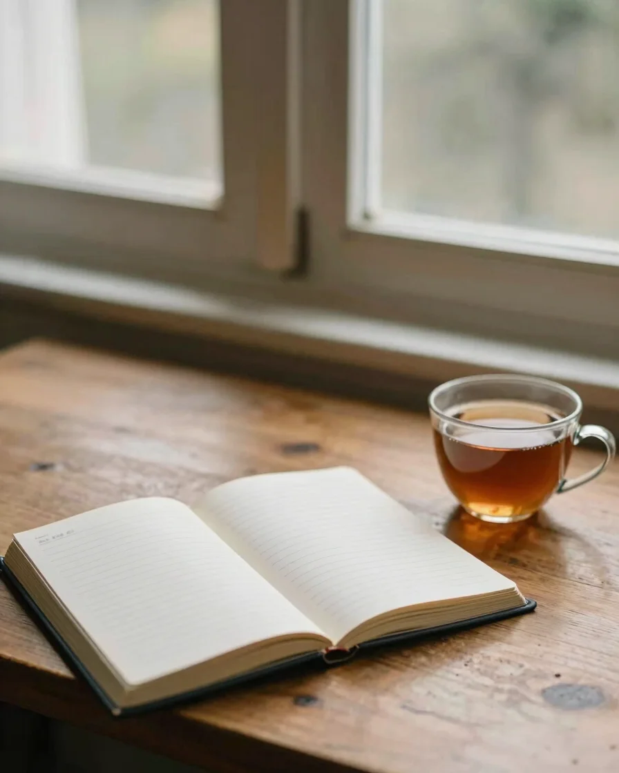 Soft natural window light on an open notebook beside a worn paper