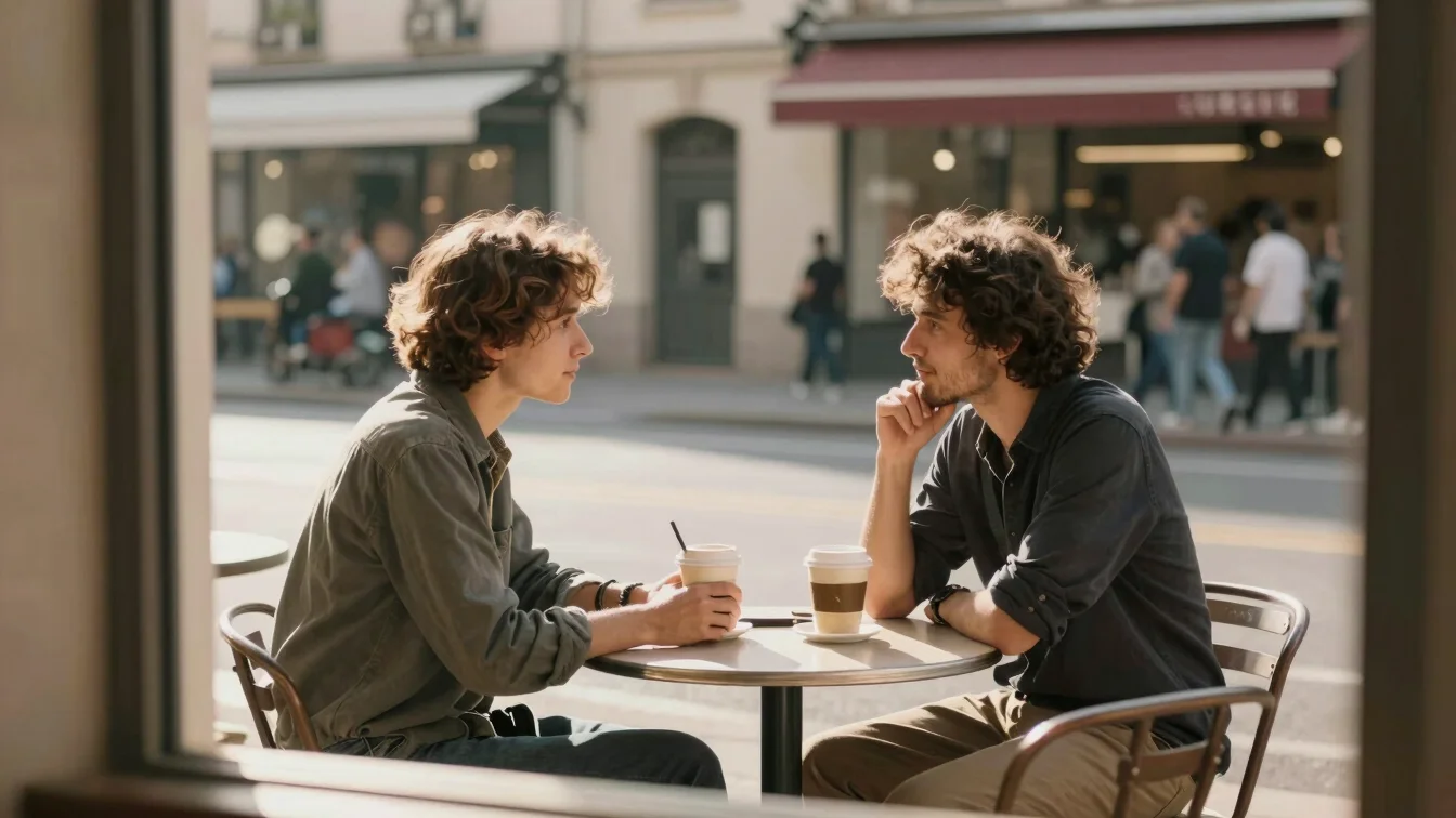 Two people chatting over coffee at a small outdoor table in a bustling street, observational wide framing, warm natural