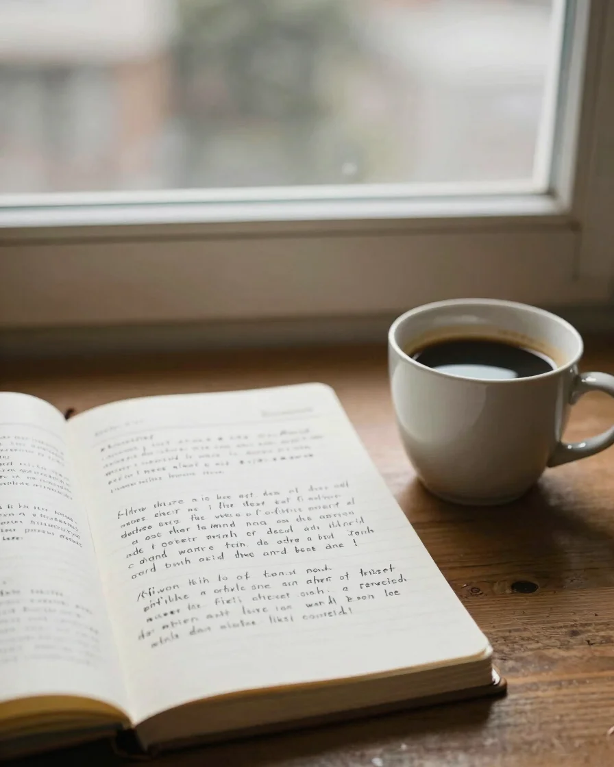 Editorial photograph of an open notebook with handwritten languag