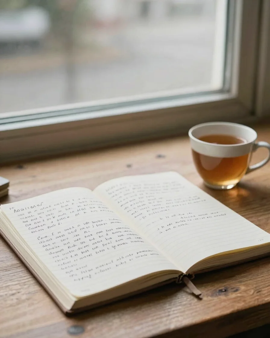 Soft natural window light falling across an open notebook of hand